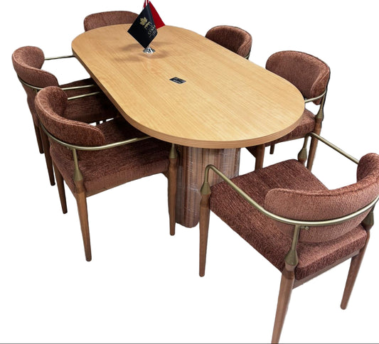 Oval Ahşap Masa Takımı + Kollu Kadife Sandalye Seti – 6 Kişilik